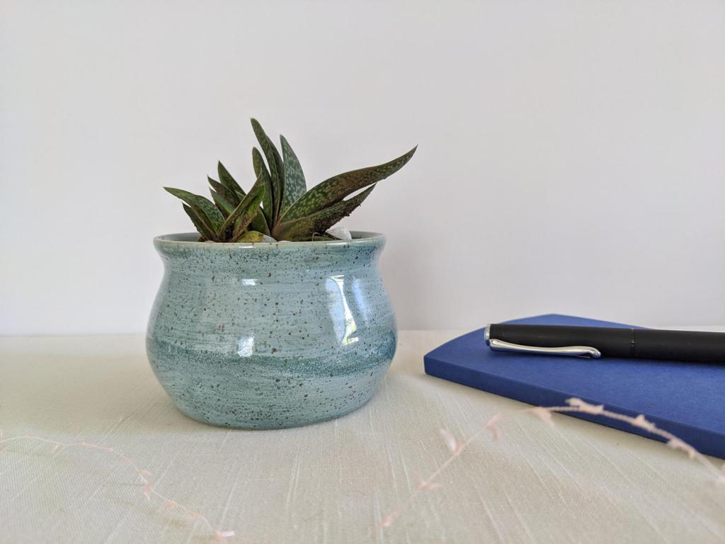Succulent Plant Pot Handmade Light Blue Ceramic Planter Carved and